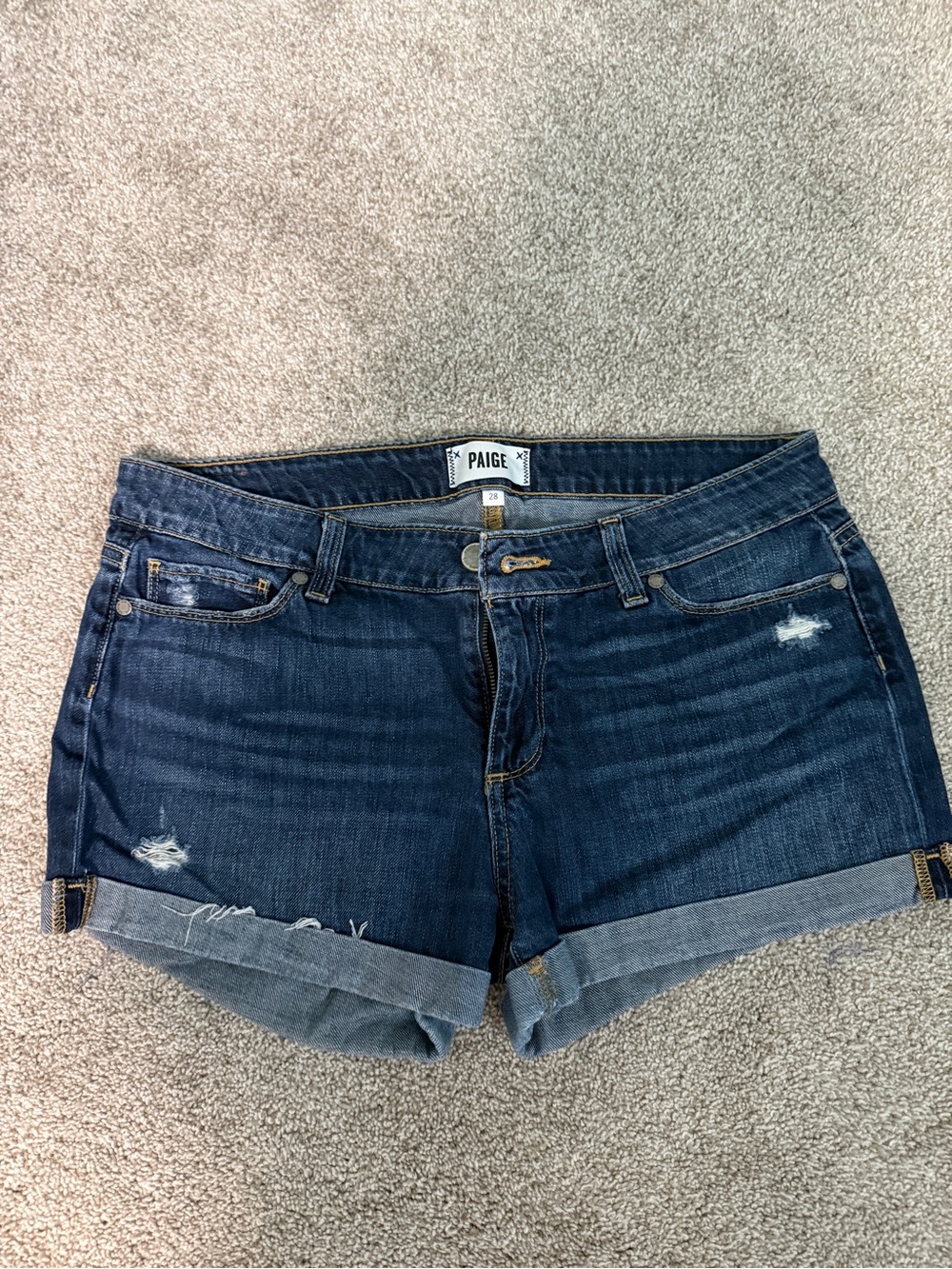 PAIGE Indigo Distressed Cuffed Denim Shorts